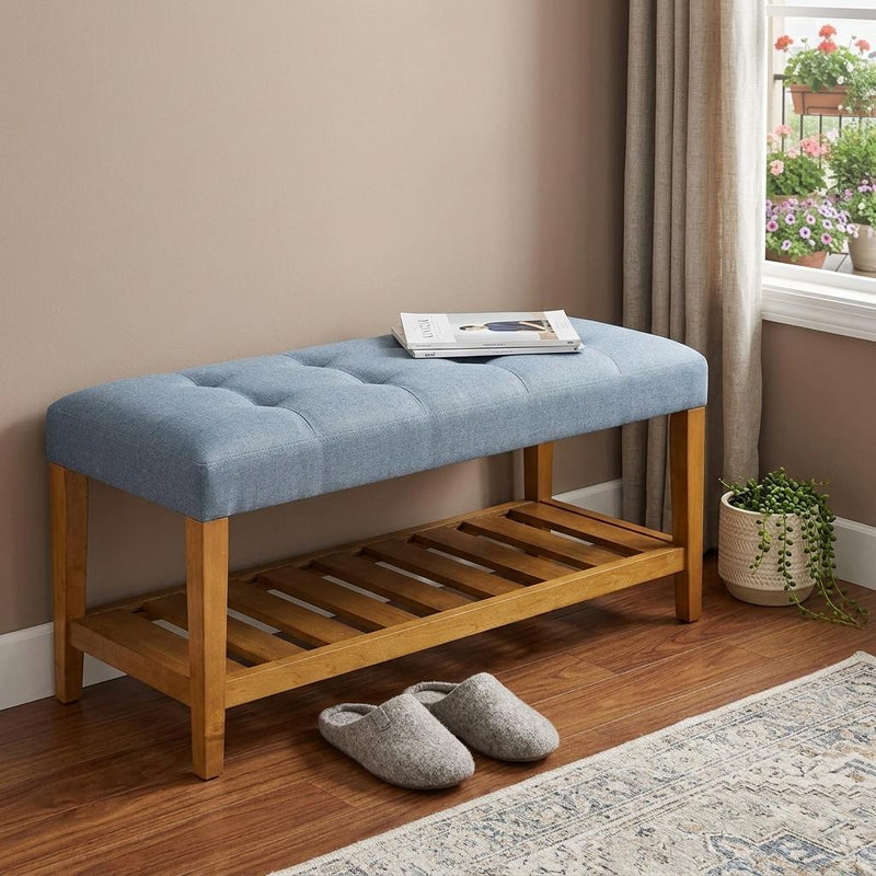 40" Blue and Brown Tufted Fabric Upholstered Storage Bench with Shelves - Living Room
