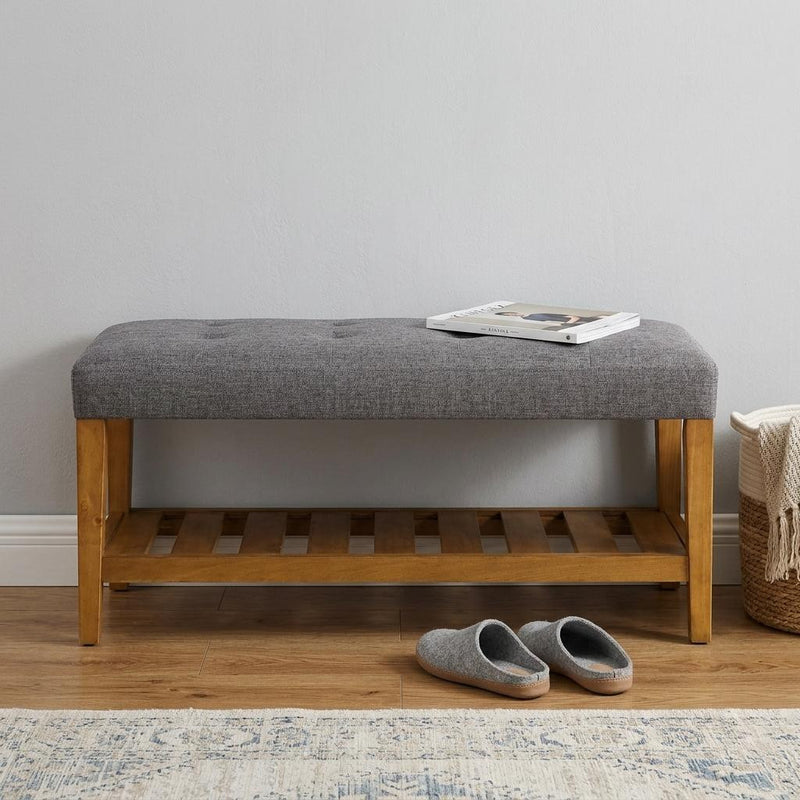 40" Gray and Brown Linen Blend and Solid Wood Upholstered Storage Bench With Shelves - Living Room