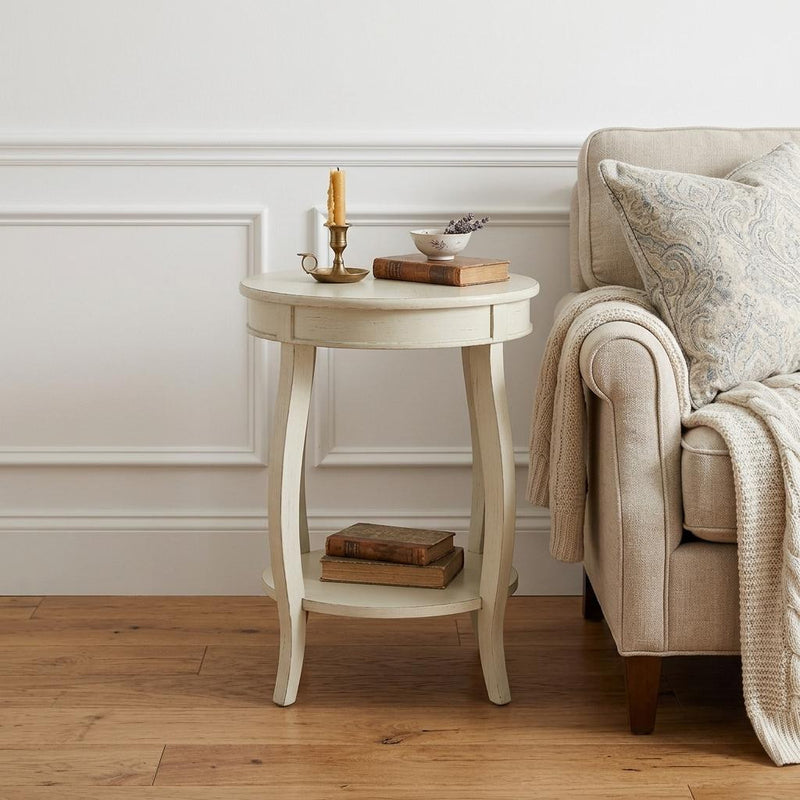 24" White Solid Wood Round End Table With Shelf - Living Room