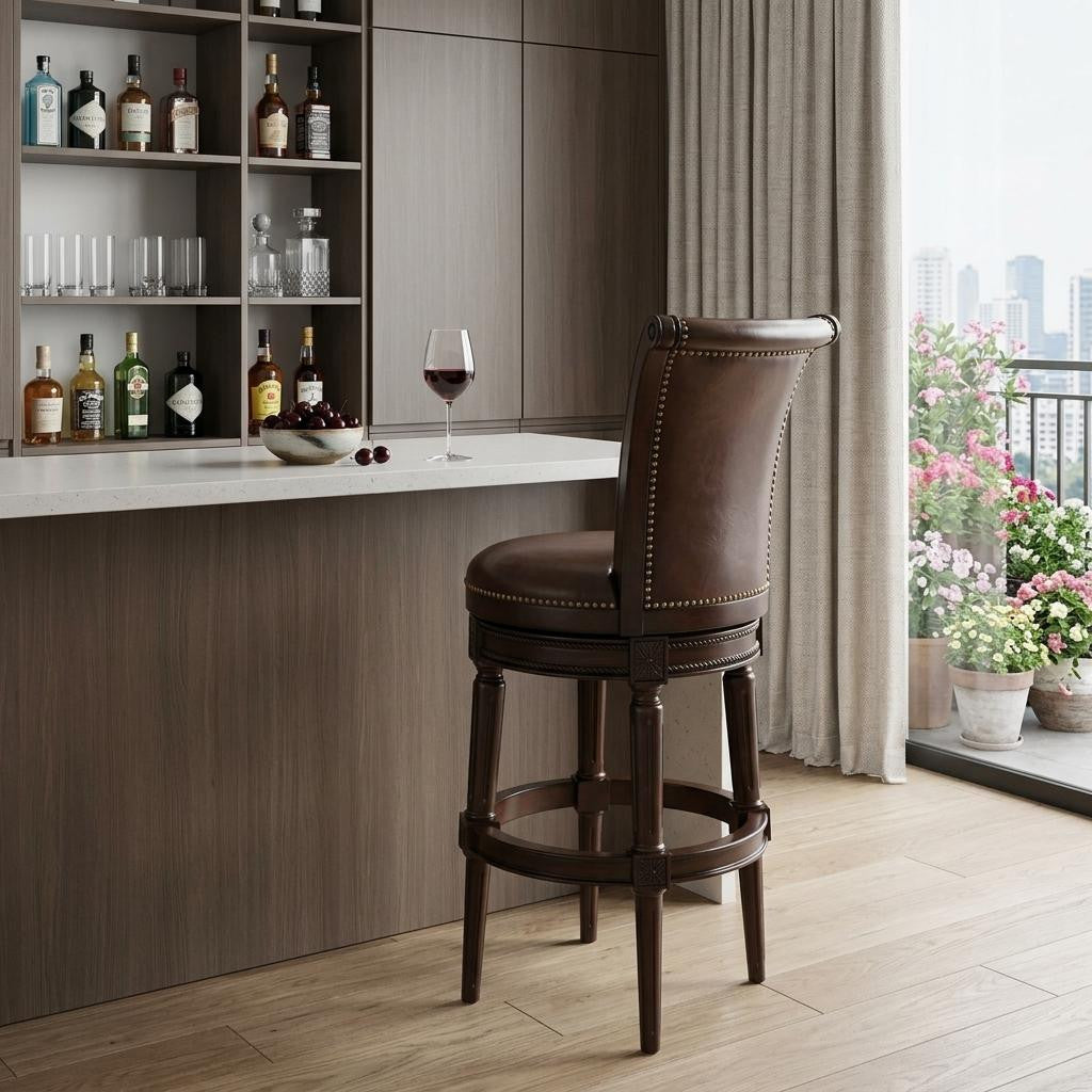 25" Walnut And Dark Brown Faux Leather And Solid Wood Bar Height Swivel Bar Chair - Living Room