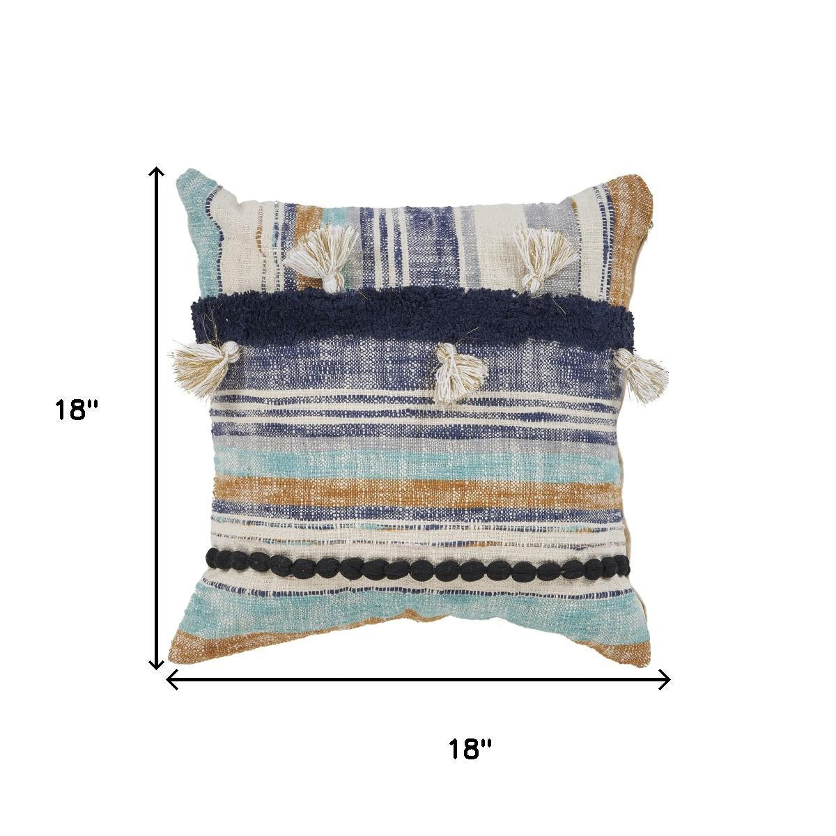 18" Blue And Tan Beach Striped Cotton Throw Pillow Cover with Tassels Tufts And Texture - Home & Garden