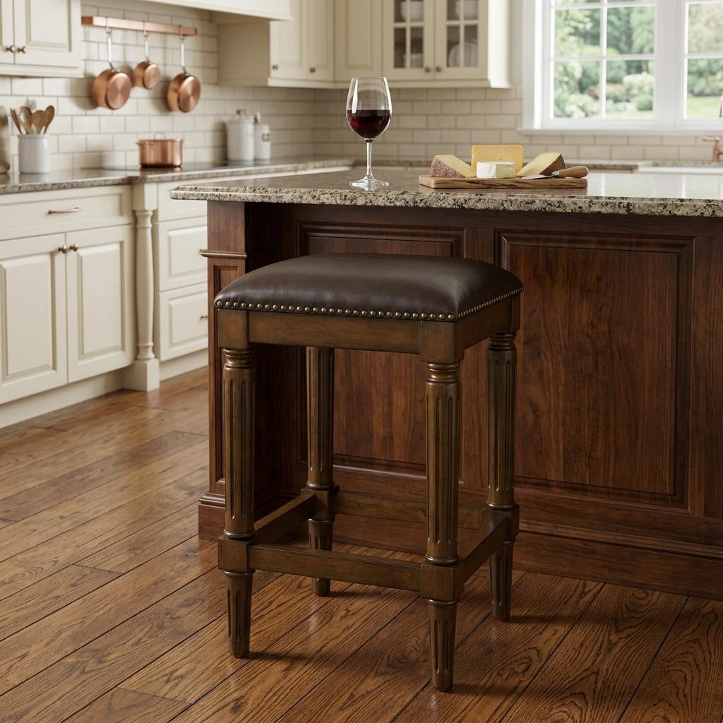 27" Brown And Dark Brown Fabric And Solid Wood Backless Counter Height Bar Chair - Living Room