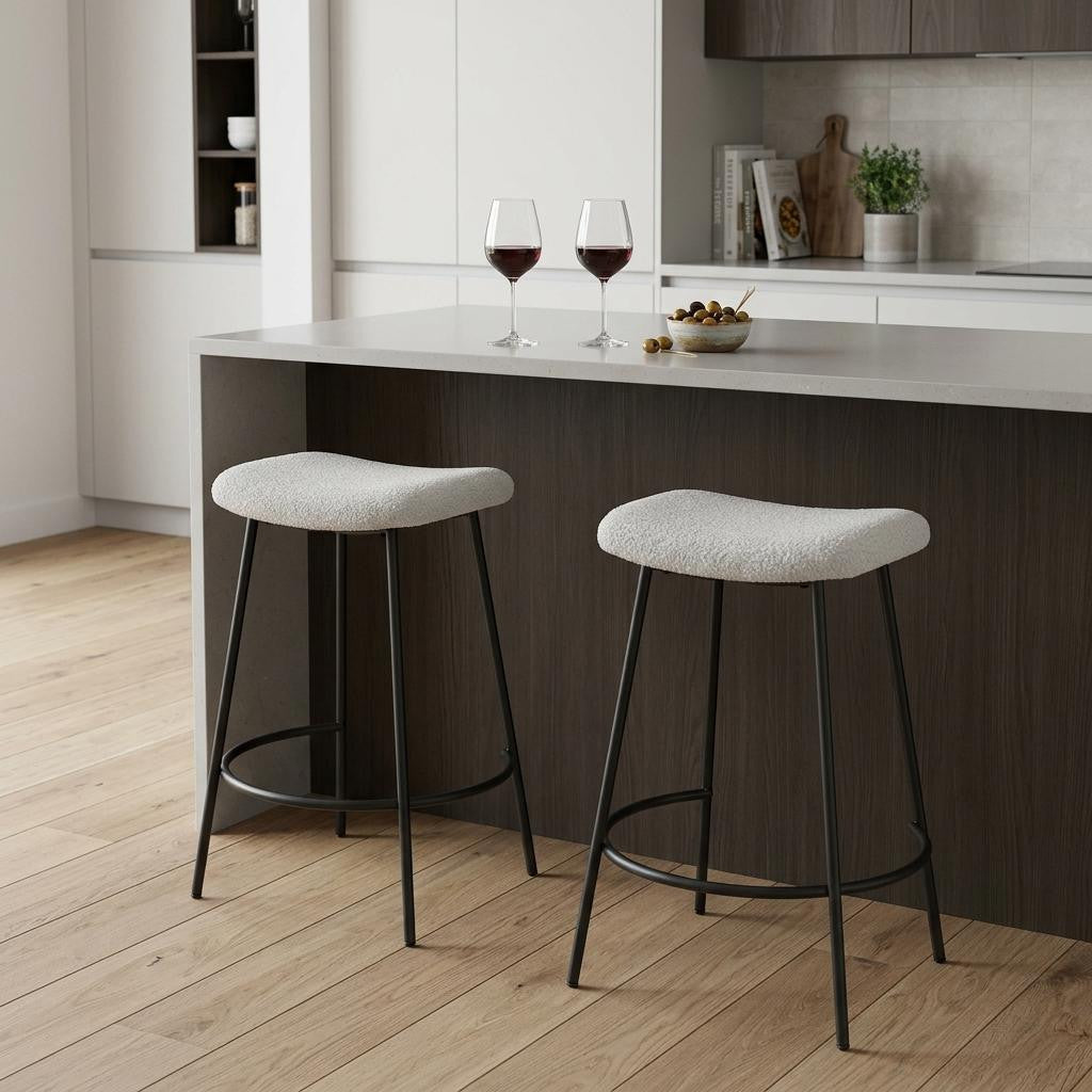Set of Two 26" White And Black Fabric And Metal Backless Counter Height Bar Chairs - Living Room