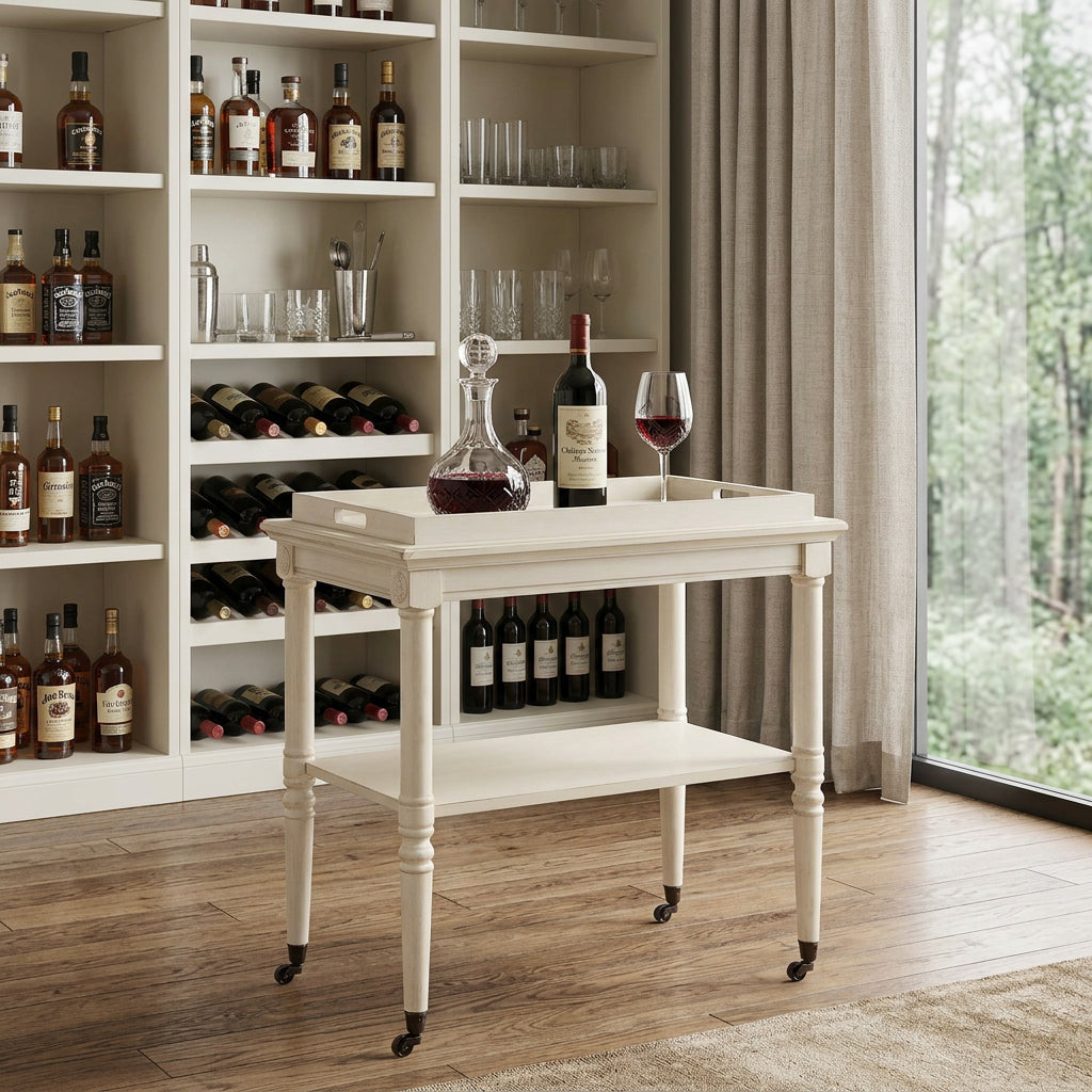 30" Antiqued White Wood Rolling Bar Cart - Kitchen & Dining