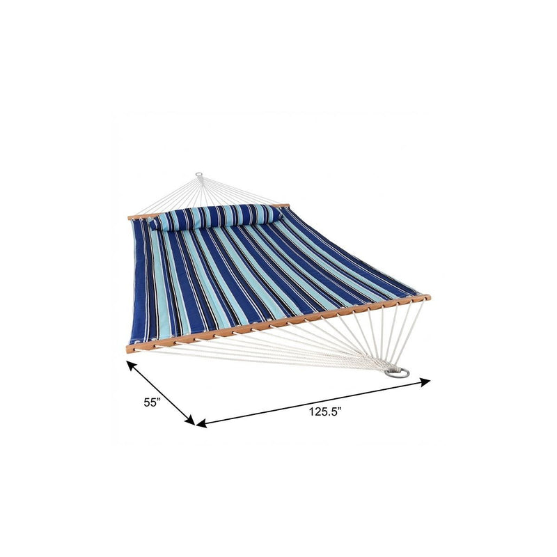 Blue and light blue striped double hammock with white rope and wooden edge bar; size diagram
