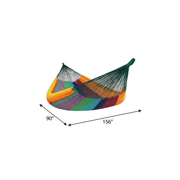 Double hammock with multicolor striped fabric and green suspension ropes