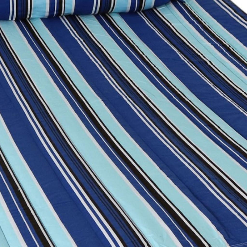Striped hammock fabric with alternating light blue, dark blue, and white vertical stripes