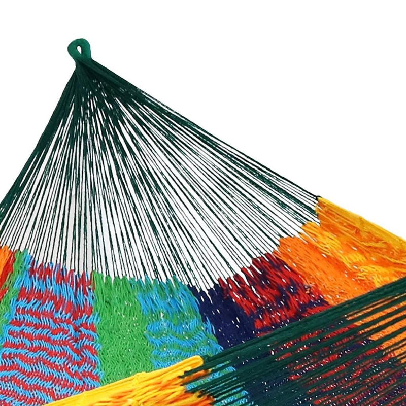 Close-up of multicolor striped hammock netting with green end ropes