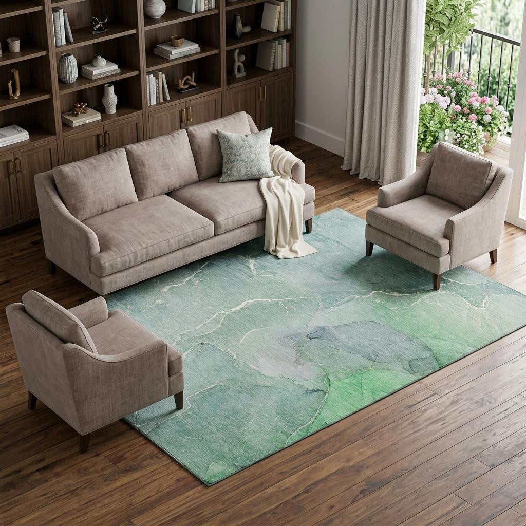 10' X 14' Teal And Ivory Abstract Washable Area Rug With UV Protection - Home & Garden