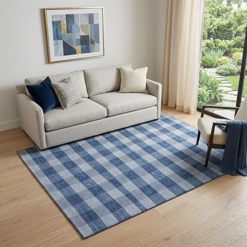 5' X 8' Navy Blue And Ivory Plaid Washable Area Rug With UV Protection - Home & Garden
