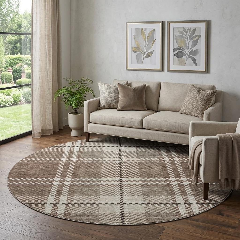 8' Brown Ivory And Taupe Plaid Washable Round Rug With UV Protection - Home & Garden
