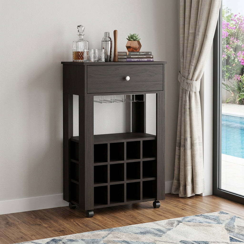Black Rolling Bar Cart With Wine Storage - Kitchen & Dining