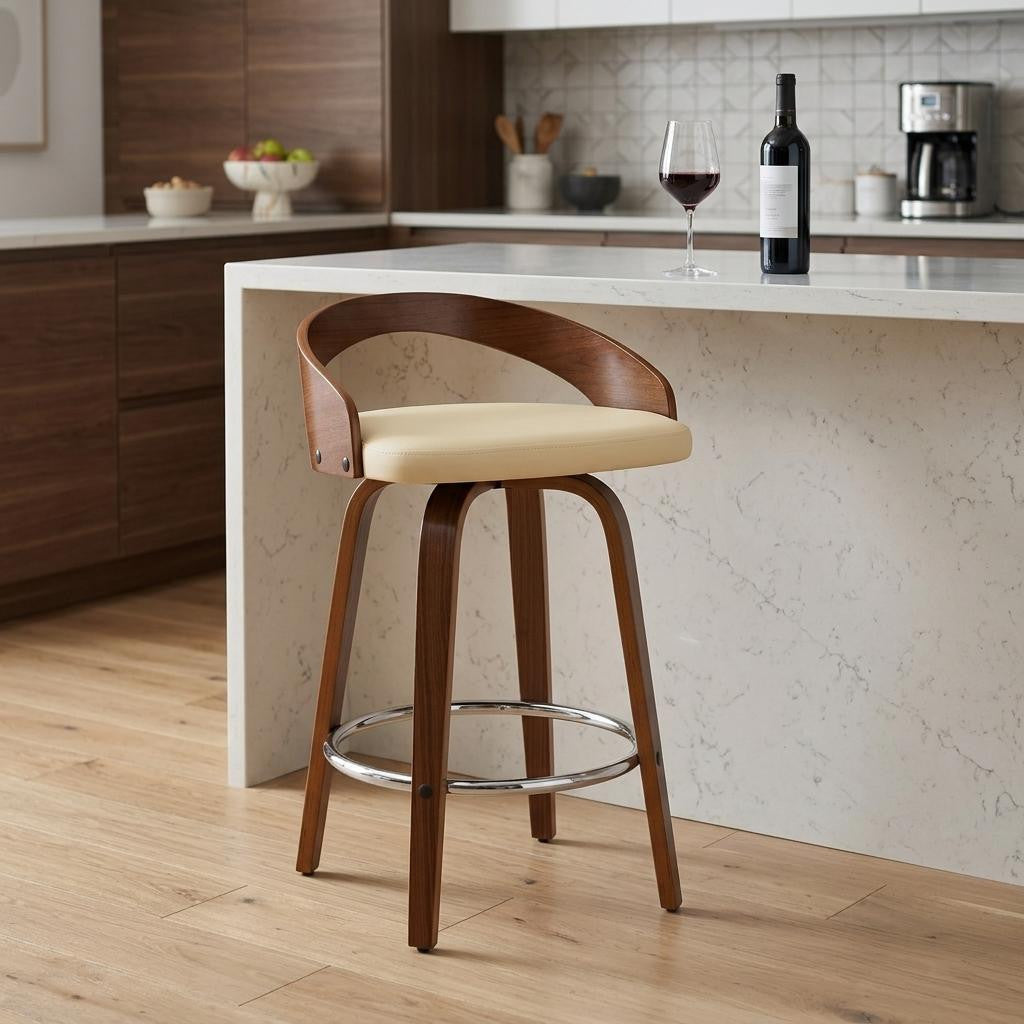 26" Cream And Brown Faux Leather And Fabric And Solid Wood Low Back Counter Height Swivel Bar Chair - Living Room