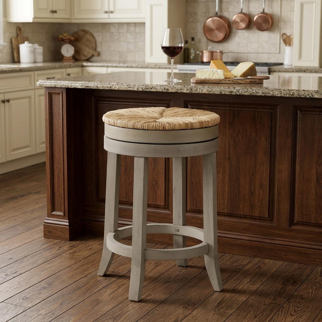 24" Natural And Gray Rush And Solid Wood Backless Counter Height Swivel Bar Chair - Living Room