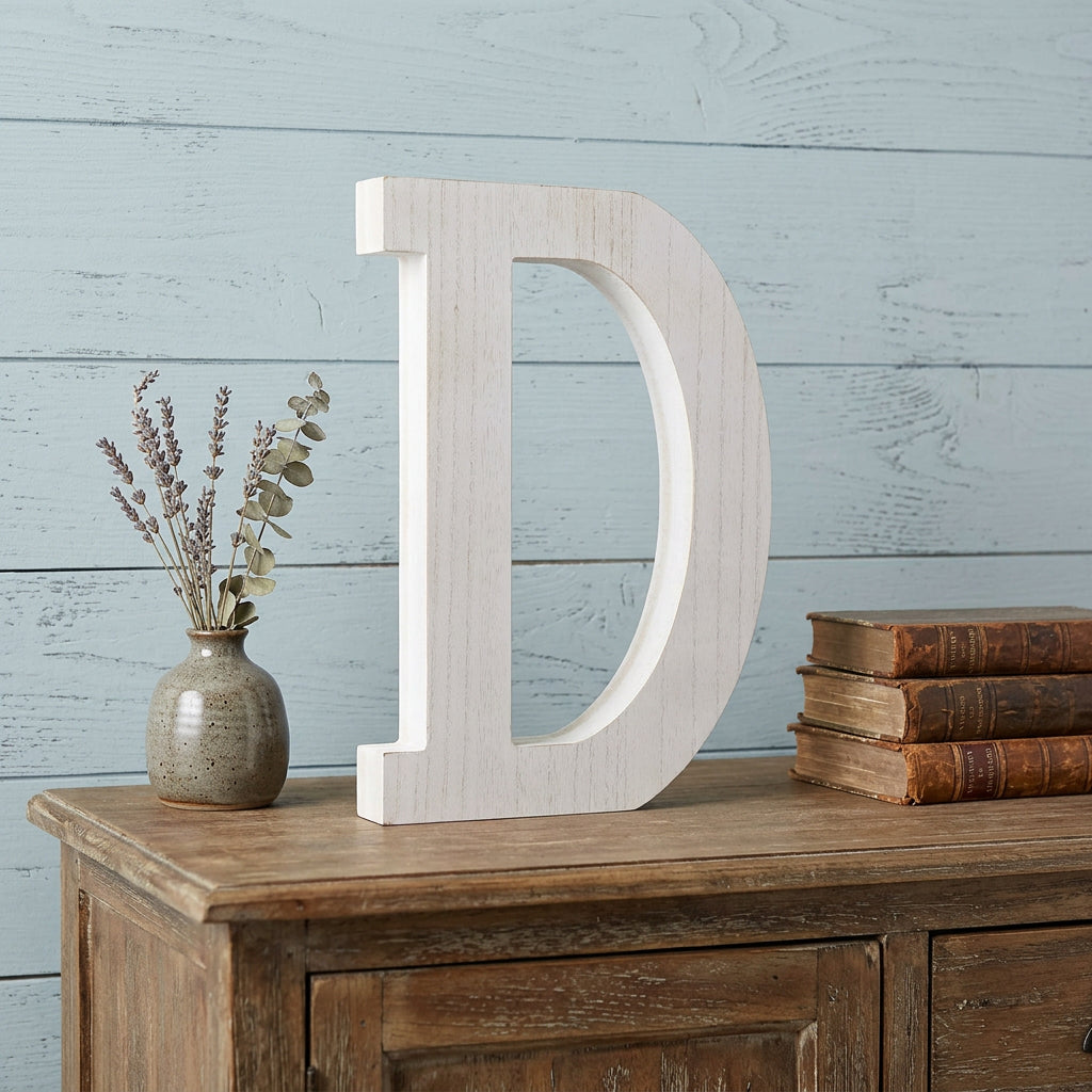 16" Distressed White Wash Wooden Initial Letter D Sculpture - Home Decor