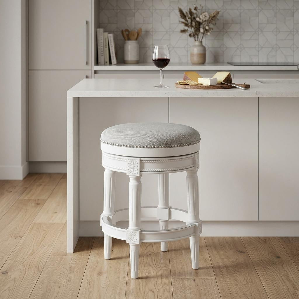26" White Fabric And Solid Wood Backless Counter Height Swivel Bar Chair - Living Room