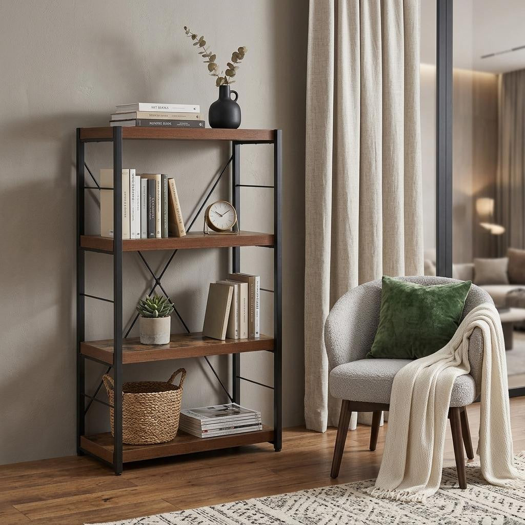 43" Black And Brown Distressed Metal and Wood Three Tier Etagere Bookcase - Office
