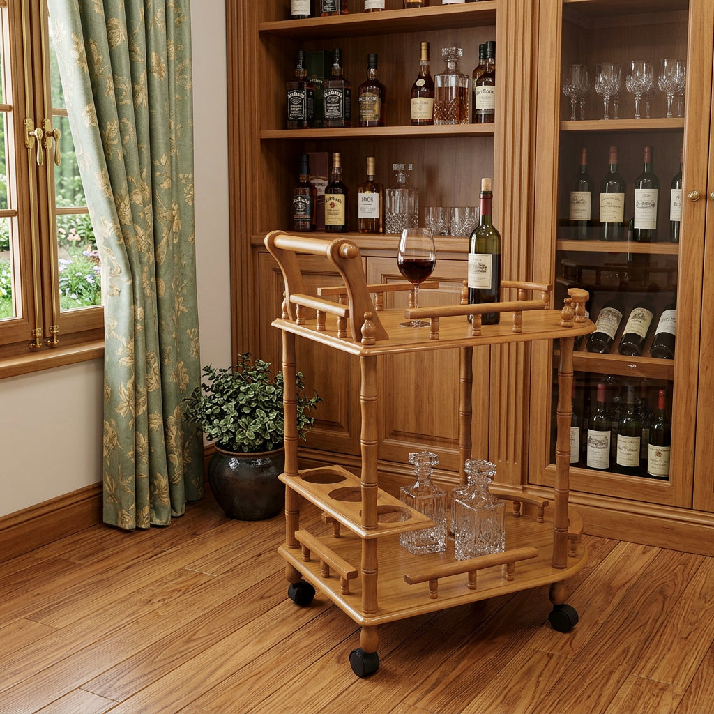 24" Oak Wood Rolling Bar Cart With Wine Storage - Kitchen & Dining
