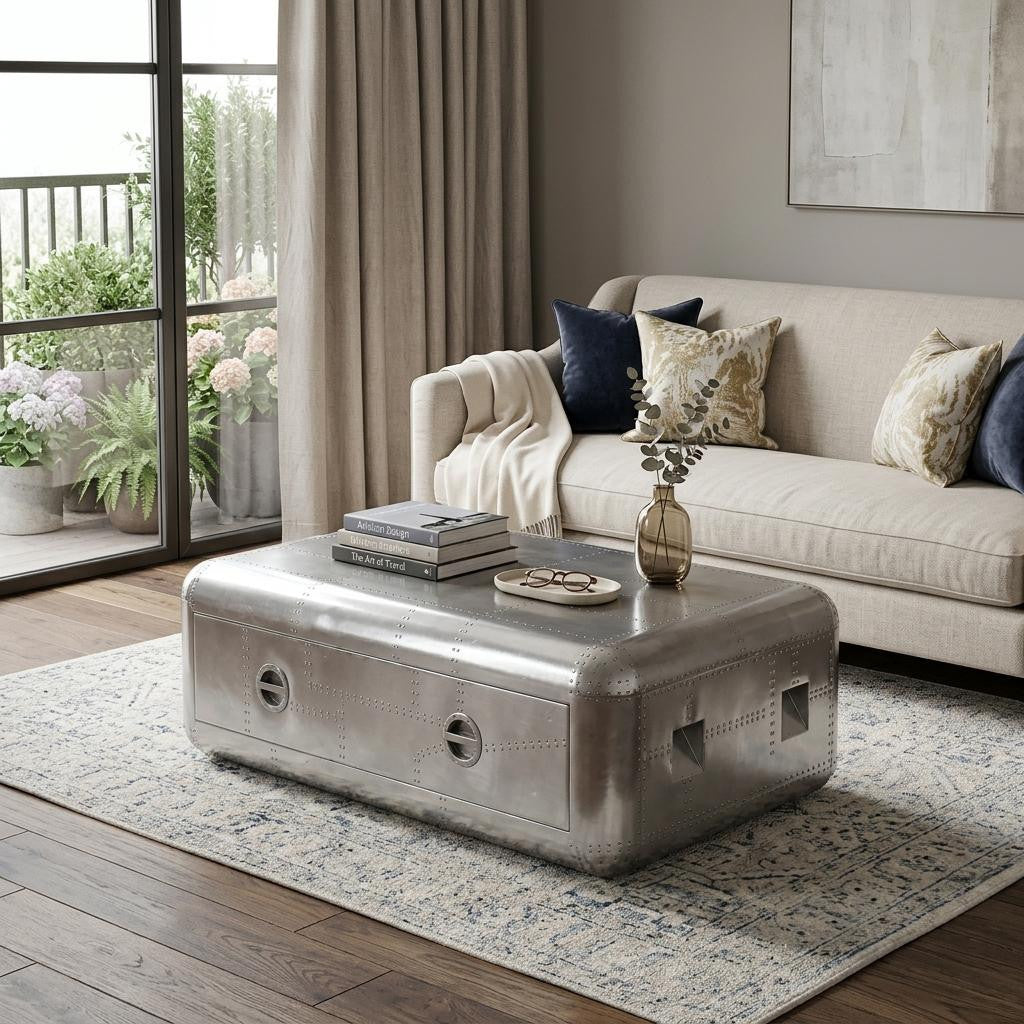 52" Silver Aluminum Solid Coffee Table With Drawer - Living Room