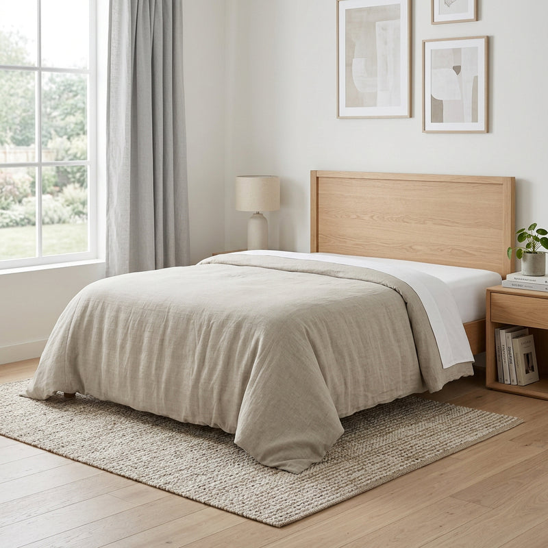 Light beige comforter on a bed with a neatly folded drape