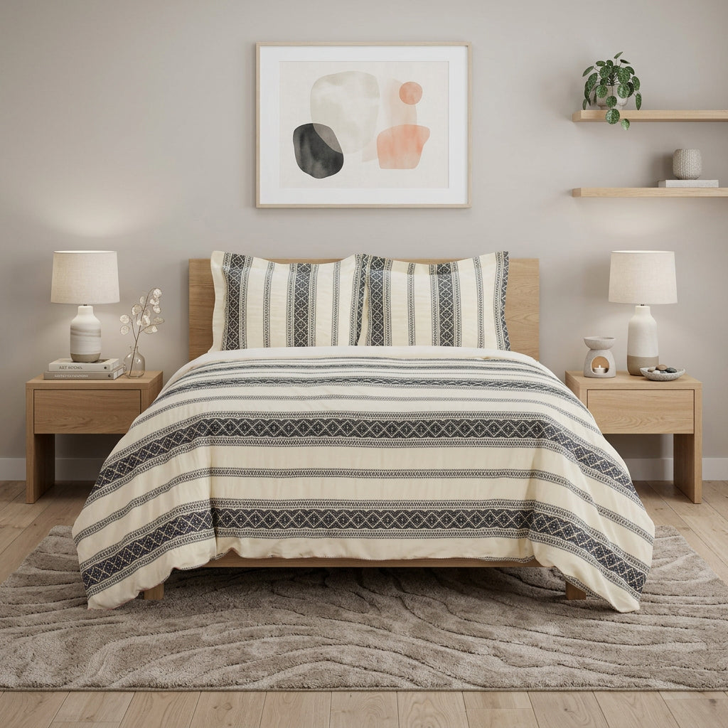Black And Ivory Queen Cotton Washable Polyester Duvet Cover Set With Two Shams - Bed & Bath