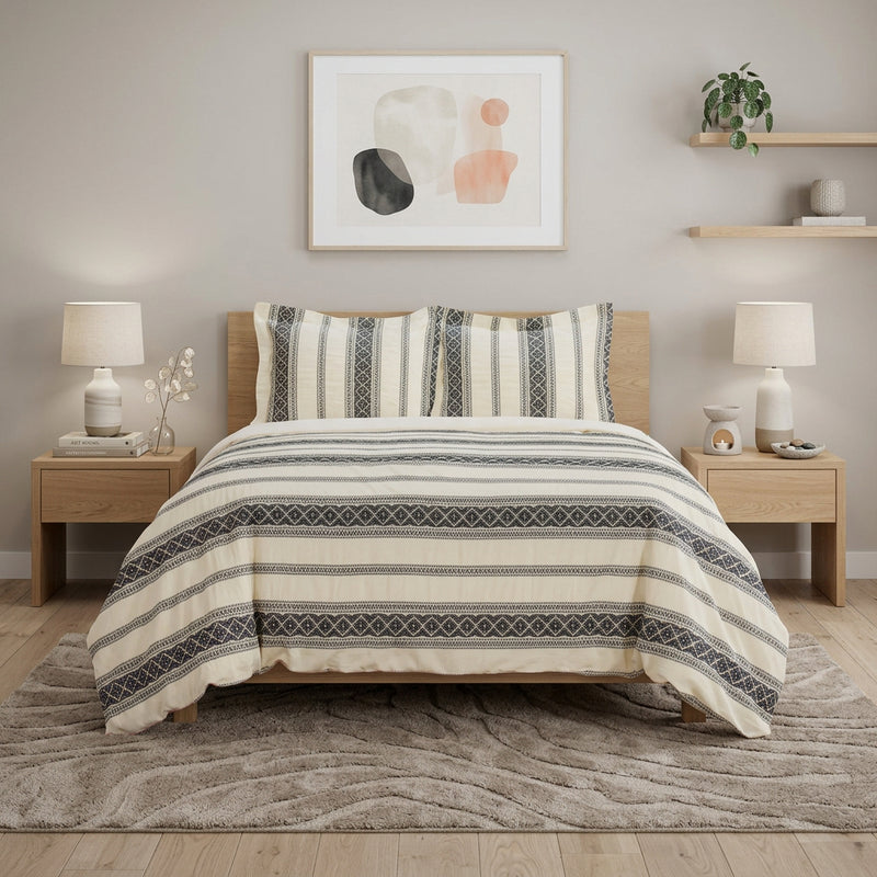 Black And Ivory Queen Cotton Washable Polyester Duvet Cover Set With Two Shams - Bed & Bath