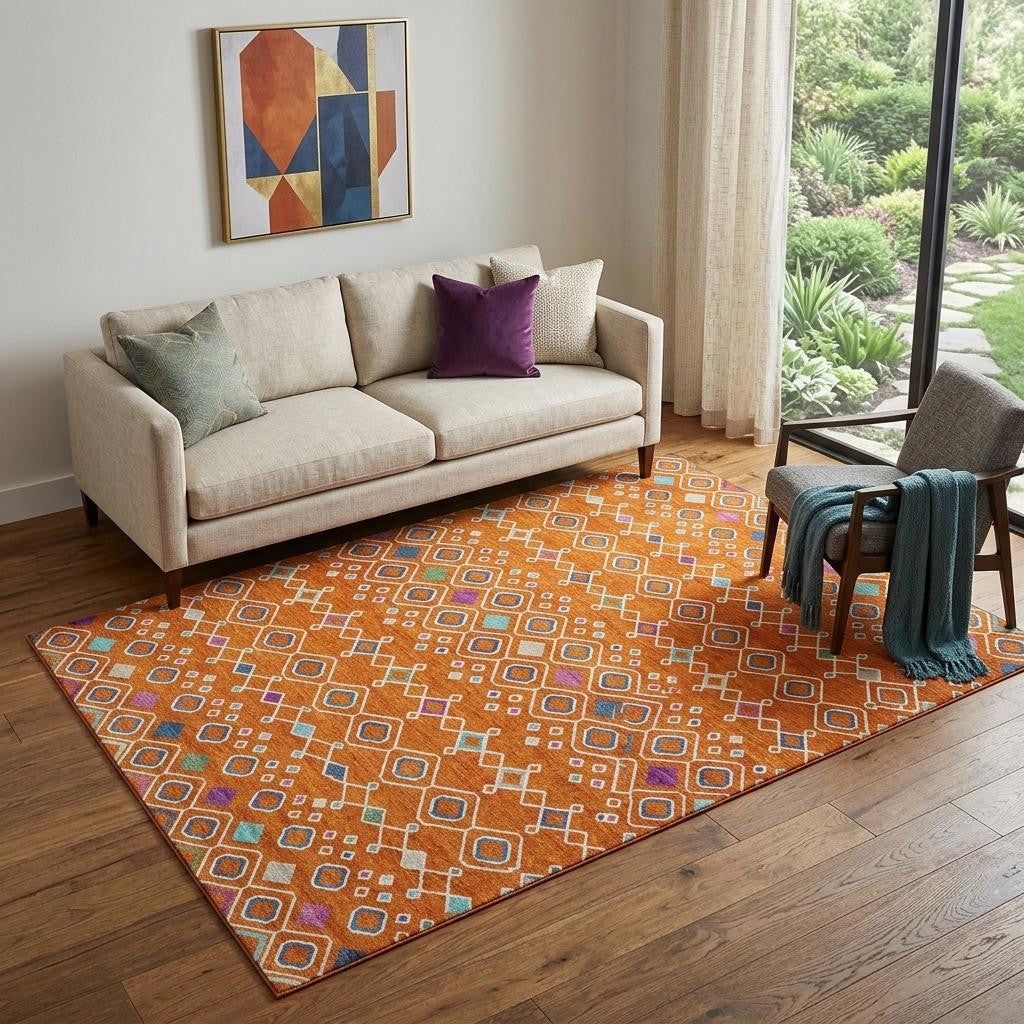 5' X 8' Orange Purple And Blue Southwestern Washable Area Rug With UV Protection - Home & Garden