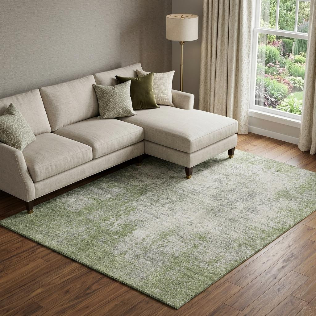 10' X 14' Green And Ivory Abstract Washable Area Rug With UV Protection - Home & Garden