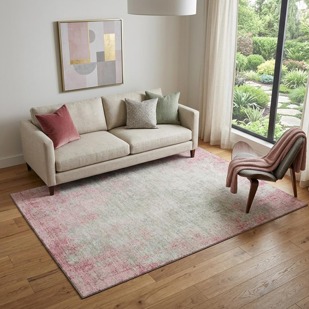 5' X 8' Pink And Ivory Abstract Washable Area Rug With UV Protection - Home & Garden
