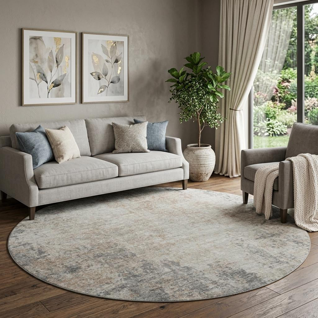 8' Taupe And Ivory Abstract Washable Round Rug With UV Protection - Home & Garden
