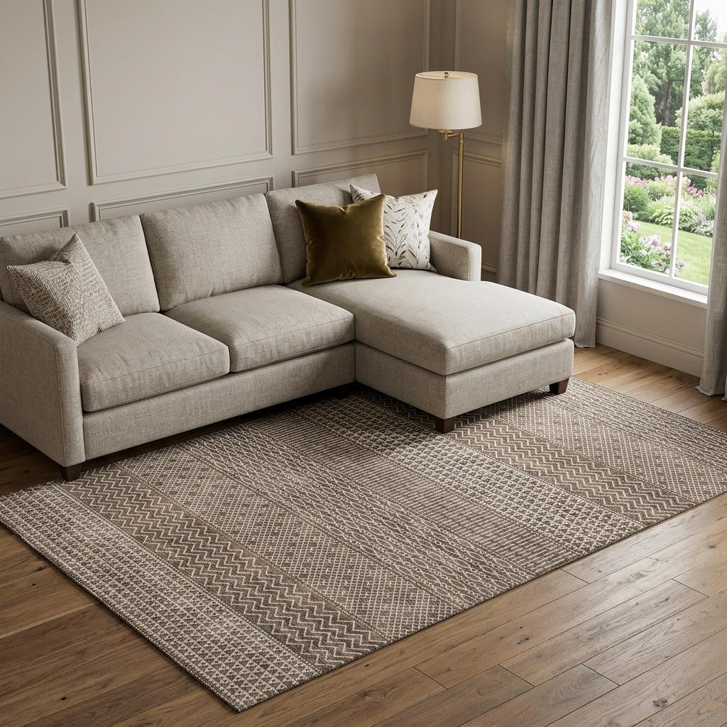 10' X 14' Brown And Beige Striped Washable Area Rug With UV Protection - Home & Garden