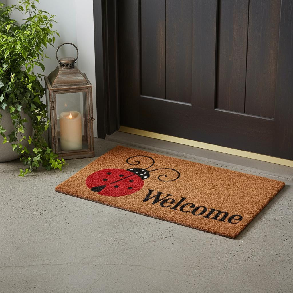 24" X 36" Natural Black and Red Coir Ladybug Welcome Outdoor Door Mat - Home & Garden