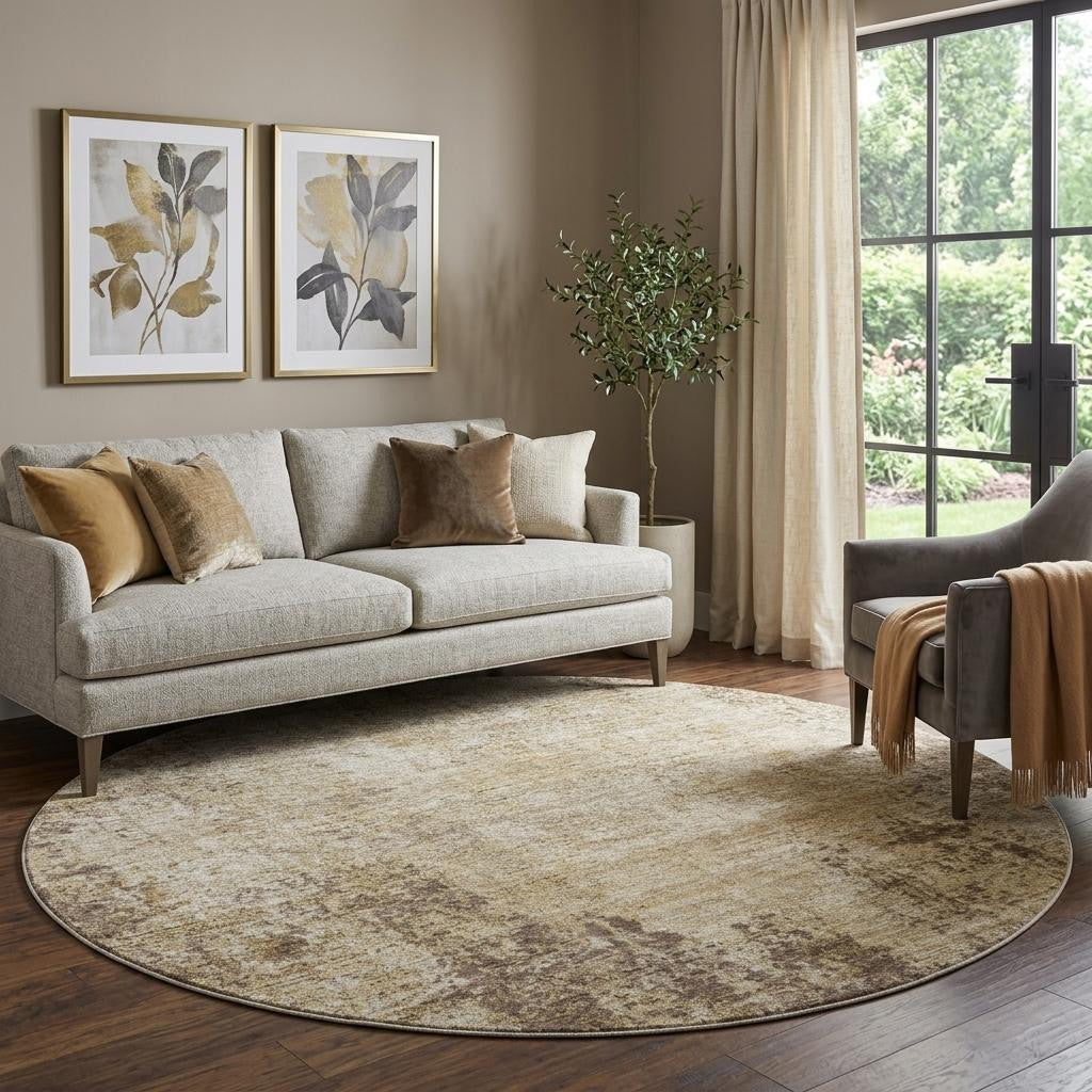 8' Brown And Beige Abstract Washable Round Rug With UV Protection - Home & Garden
