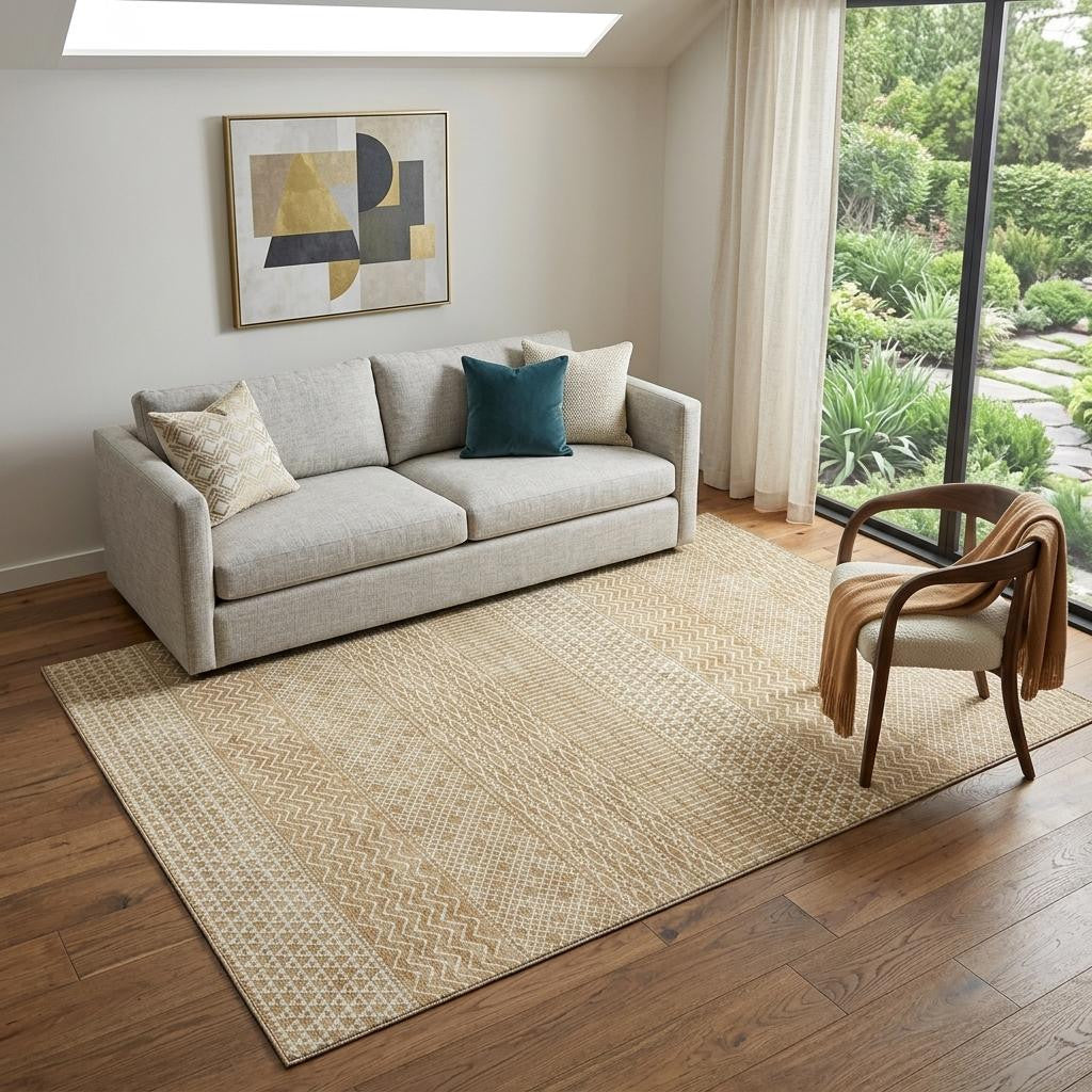 5' X 8' Gold And Ivory Striped Washable Area Rug With UV Protection - Home & Garden