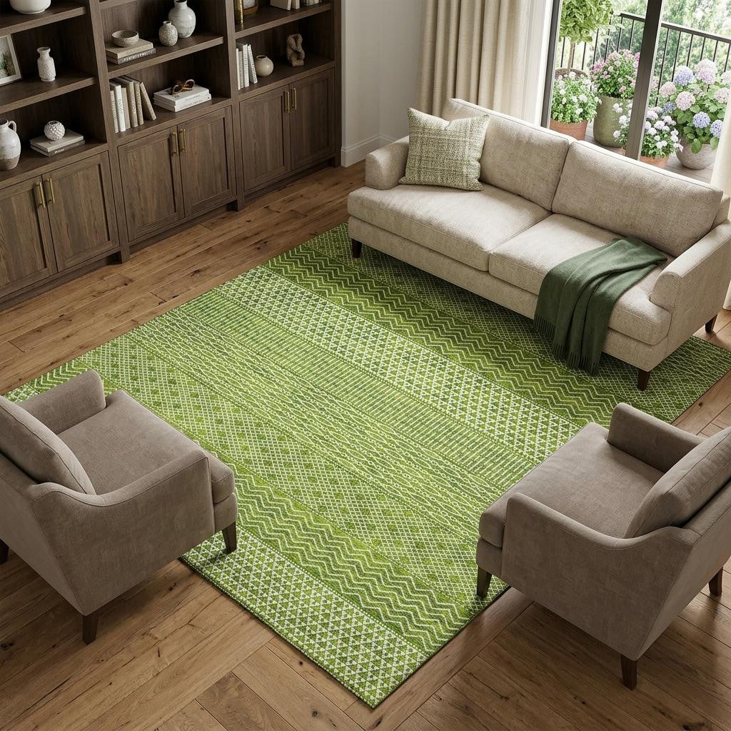 10' X 14' Lime Green And Ivory Striped Washable Area Rug With UV Protection - Home & Garden