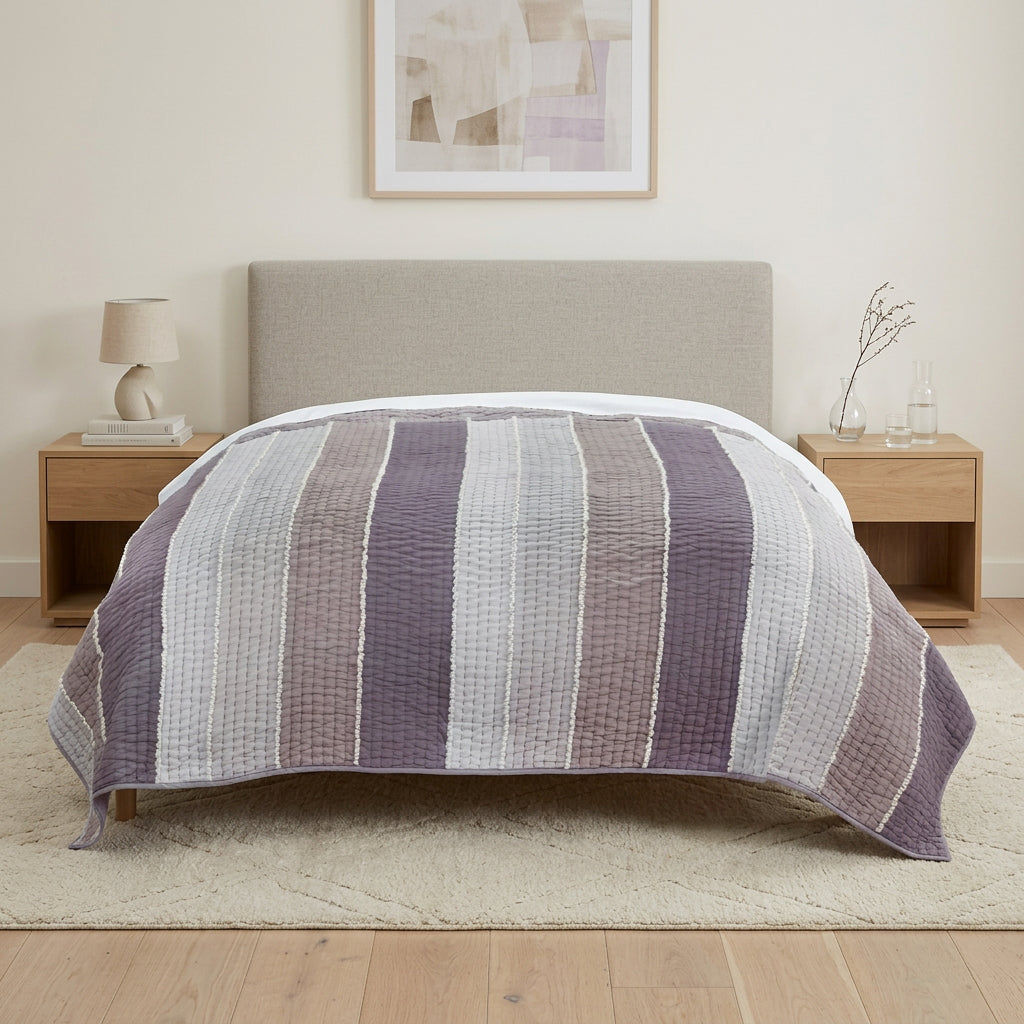 92" X 106" Cream Gray And Pale Purple Striped Cotton Quilt - Bed & Bath