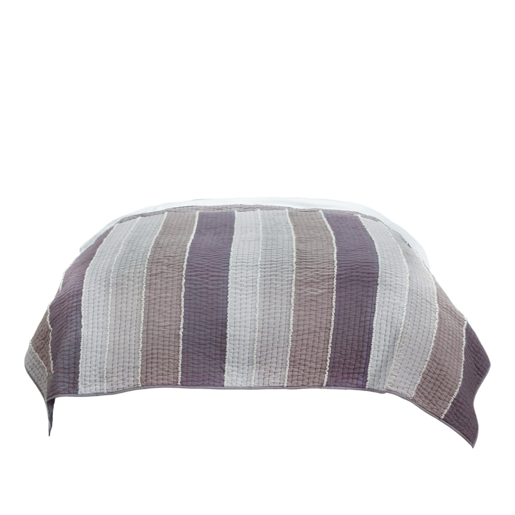 92" X 106" Cream Gray And Pale Purple Striped Cotton Quilt - Bed & Bath