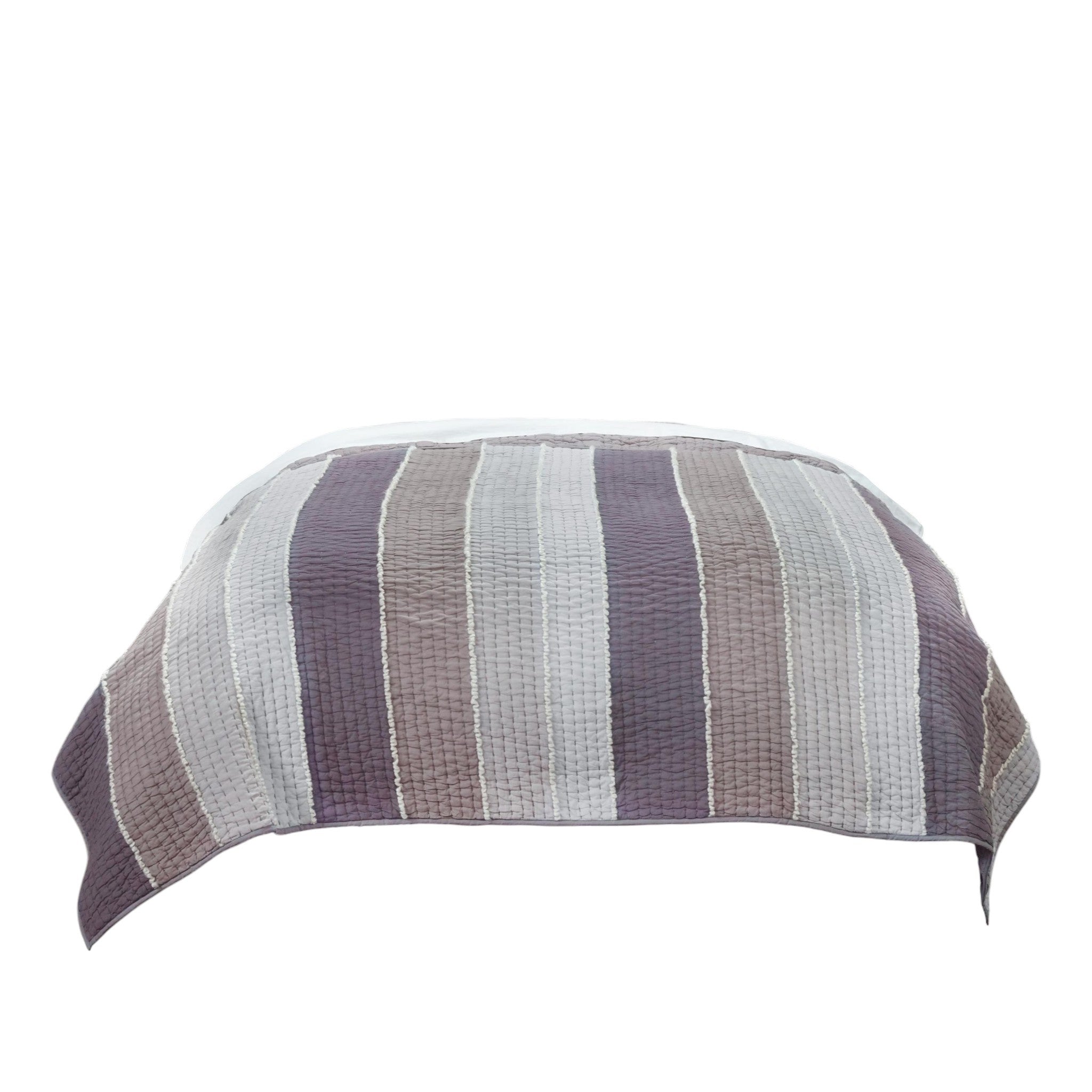 92" X 106" Cream Gray And Pale Purple Striped Cotton Quilt - Bed & Bath