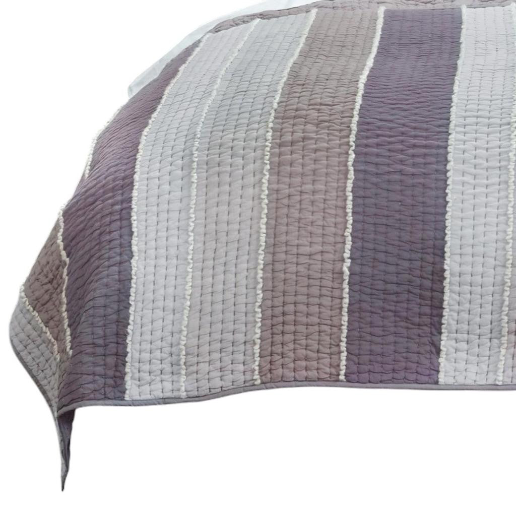 92" X 106" Cream Gray And Pale Purple Striped Cotton Quilt - Bed & Bath