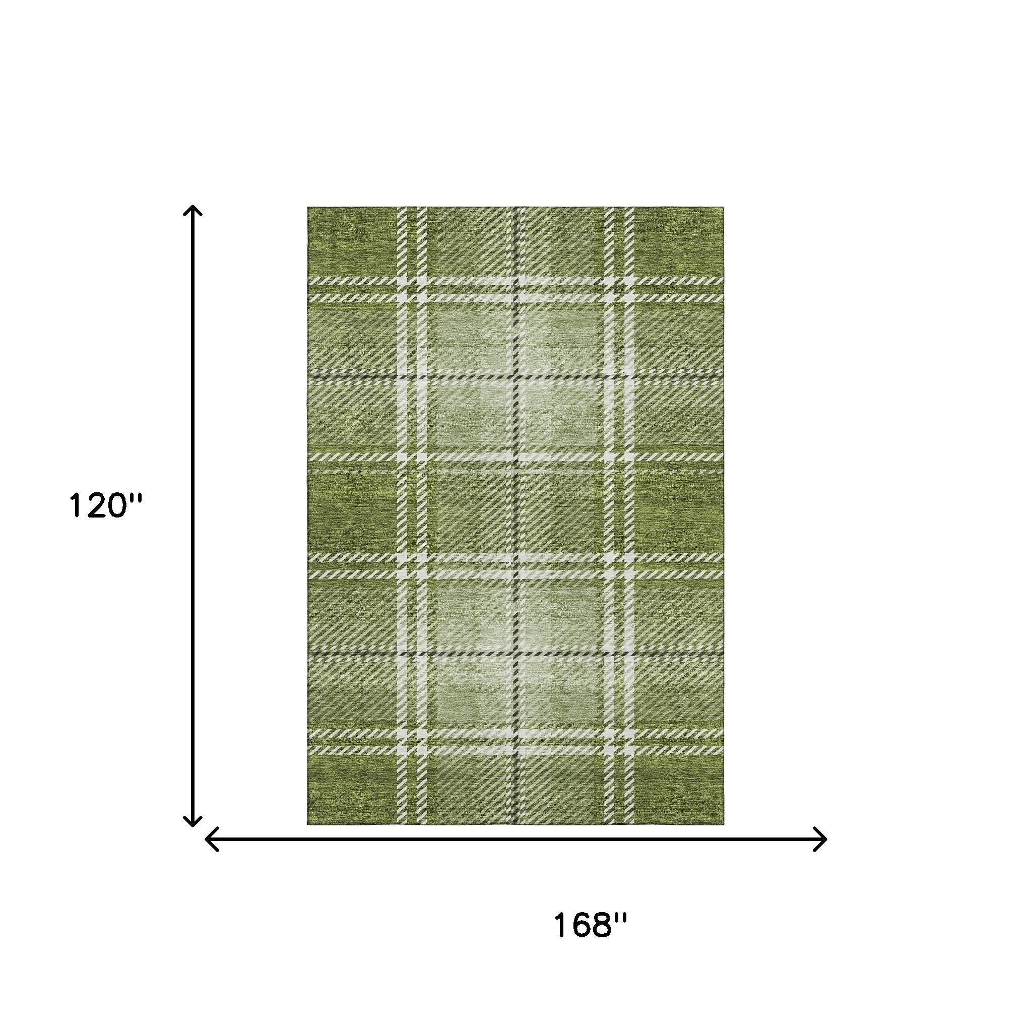 10' X 14' Green And Ivory Plaid Washable Area Rug With UV Protection - Home & Garden