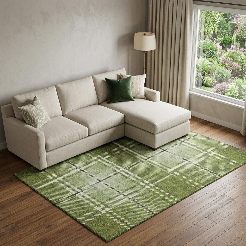 10' X 14' Green And Ivory Plaid Washable Area Rug With UV Protection - Home & Garden