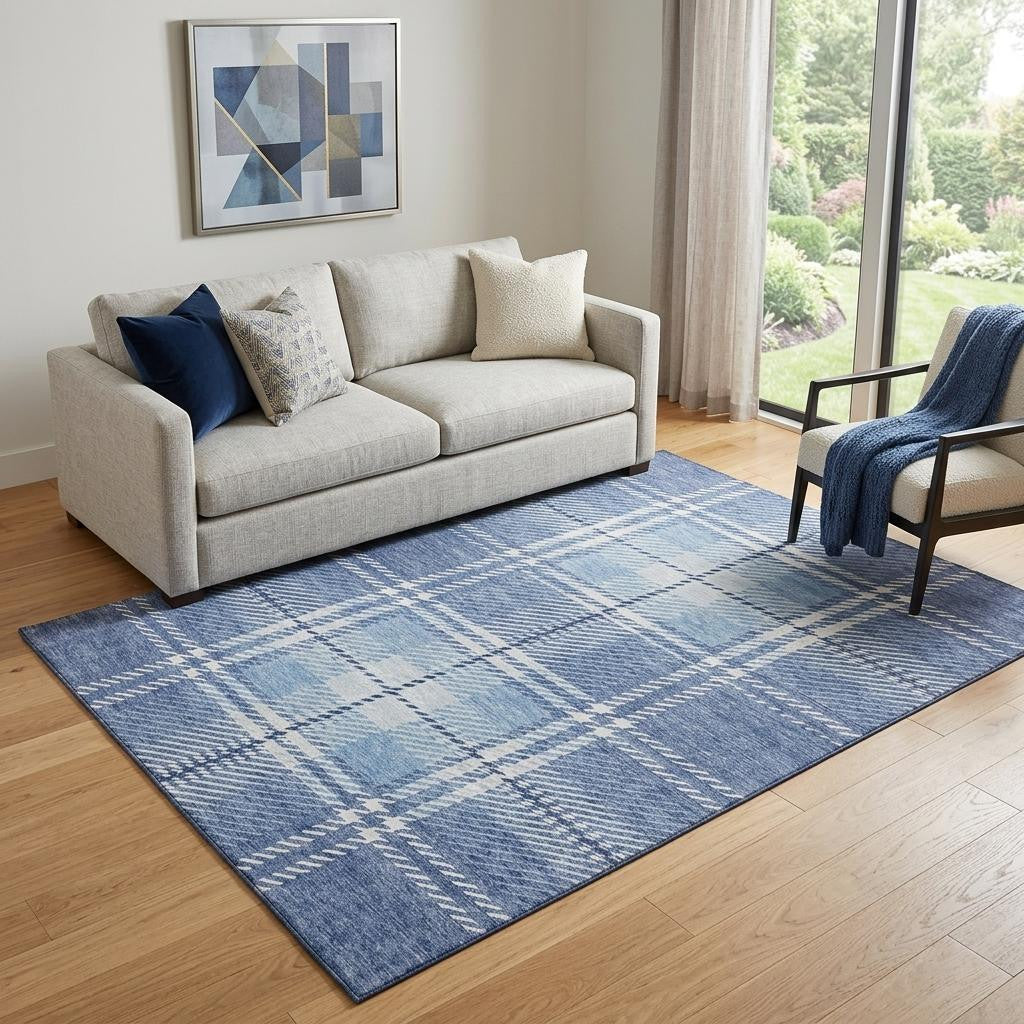 5' X 8' Denim Blue And Ivory Plaid Washable Area Rug With UV Protection - Home & Garden