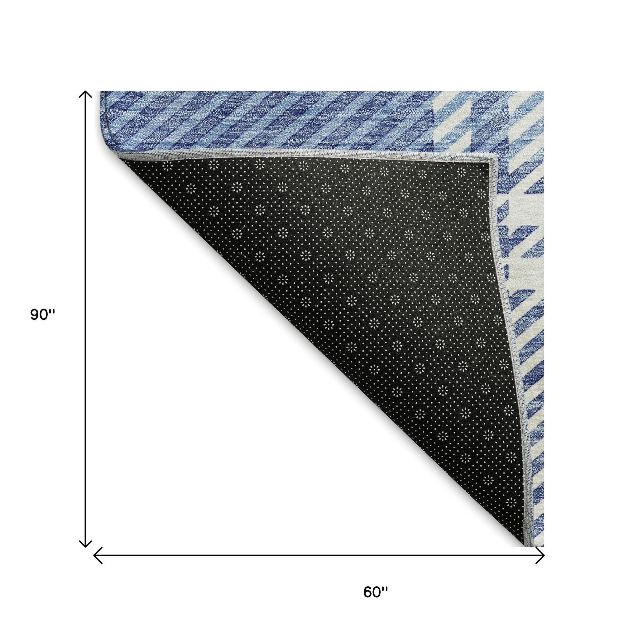 5' X 8' Denim Blue And Ivory Plaid Washable Area Rug With UV Protection - Home & Garden