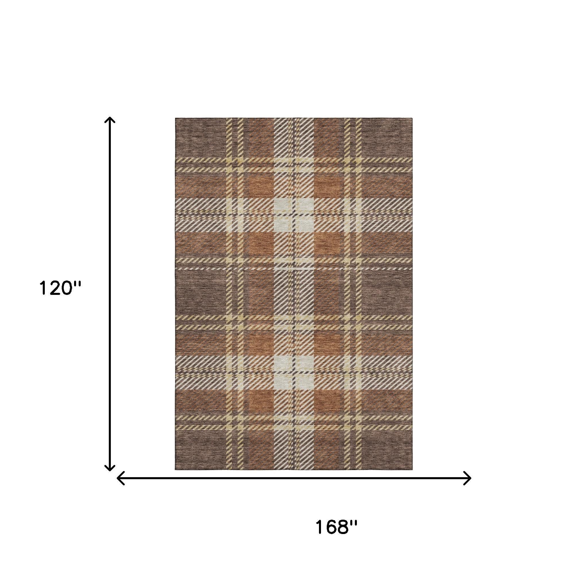 10' X 14' Chocolate Beige And Gold Plaid Washable Area Rug With UV Protection - Home & Garden