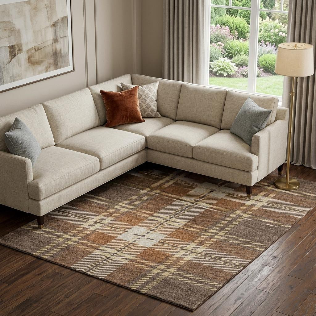 10' X 14' Chocolate Beige And Gold Plaid Washable Area Rug With UV Protection - Home & Garden