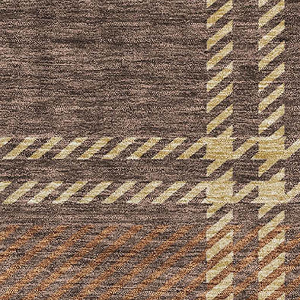 10' X 14' Chocolate Beige And Gold Plaid Washable Area Rug With UV Protection - Home & Garden