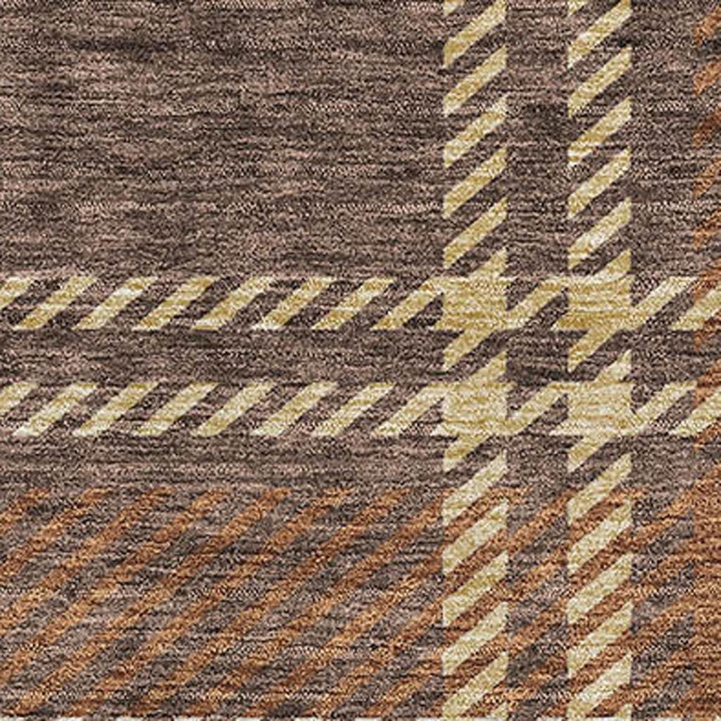 10' X 14' Chocolate Beige And Gold Plaid Washable Area Rug With UV Protection - Home & Garden