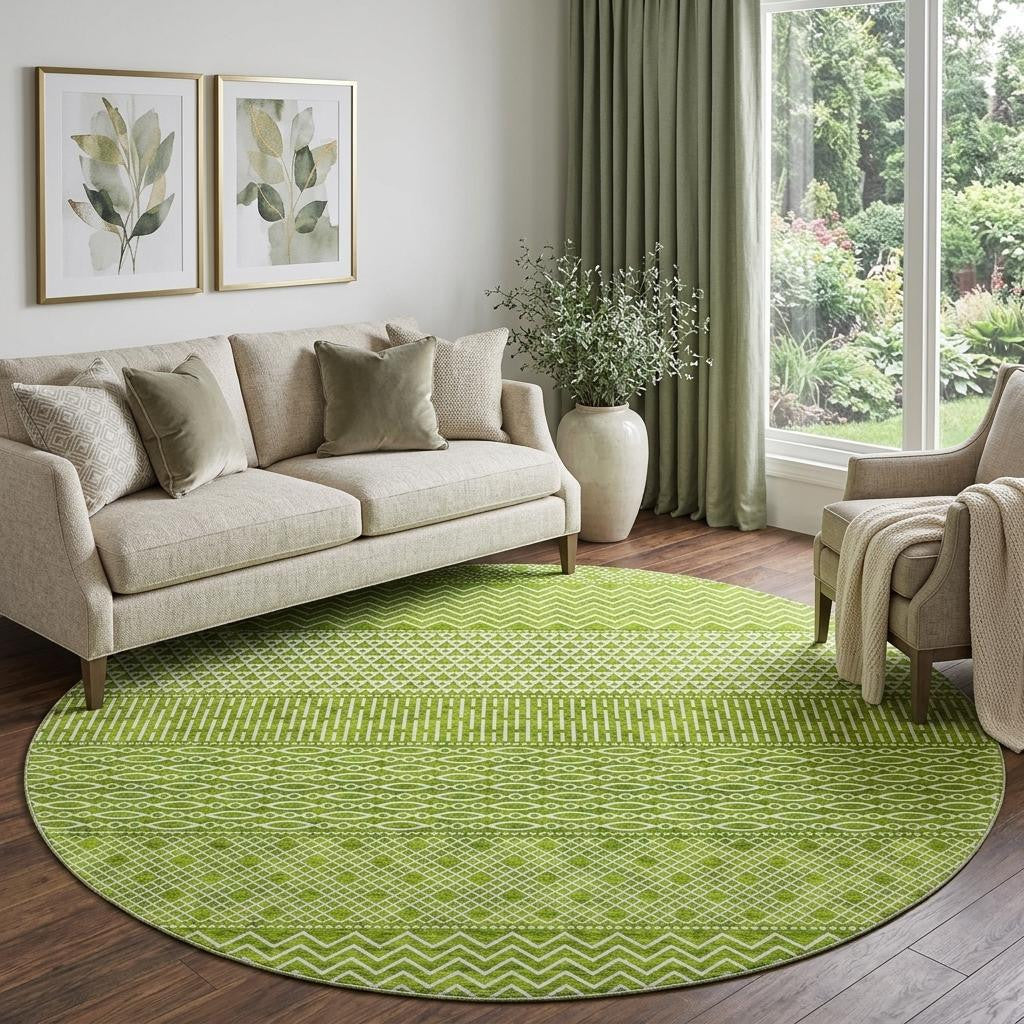 8' Lime Green And Ivory Striped Washable Round Rug With UV Protection - Home & Garden