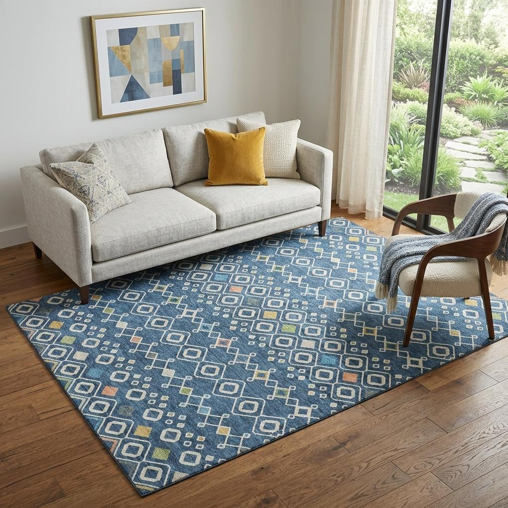 5' X 8' Navy Blue Peach And Gold Southwestern Washable Area Rug With UV Protection - Home & Garden