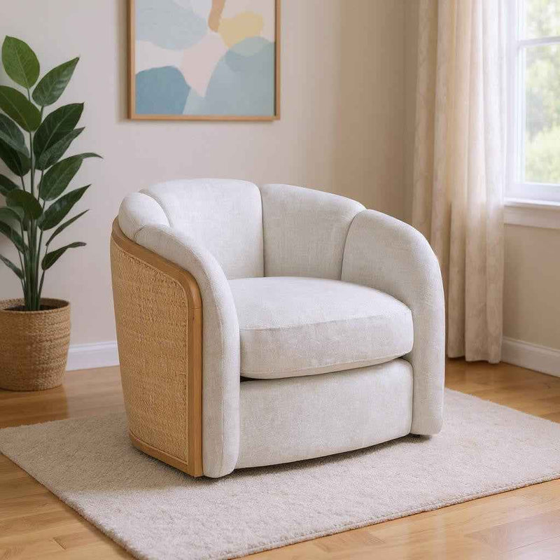 34" Off White and Natural Fabric Wood And Rattan Swivel Arm Chair